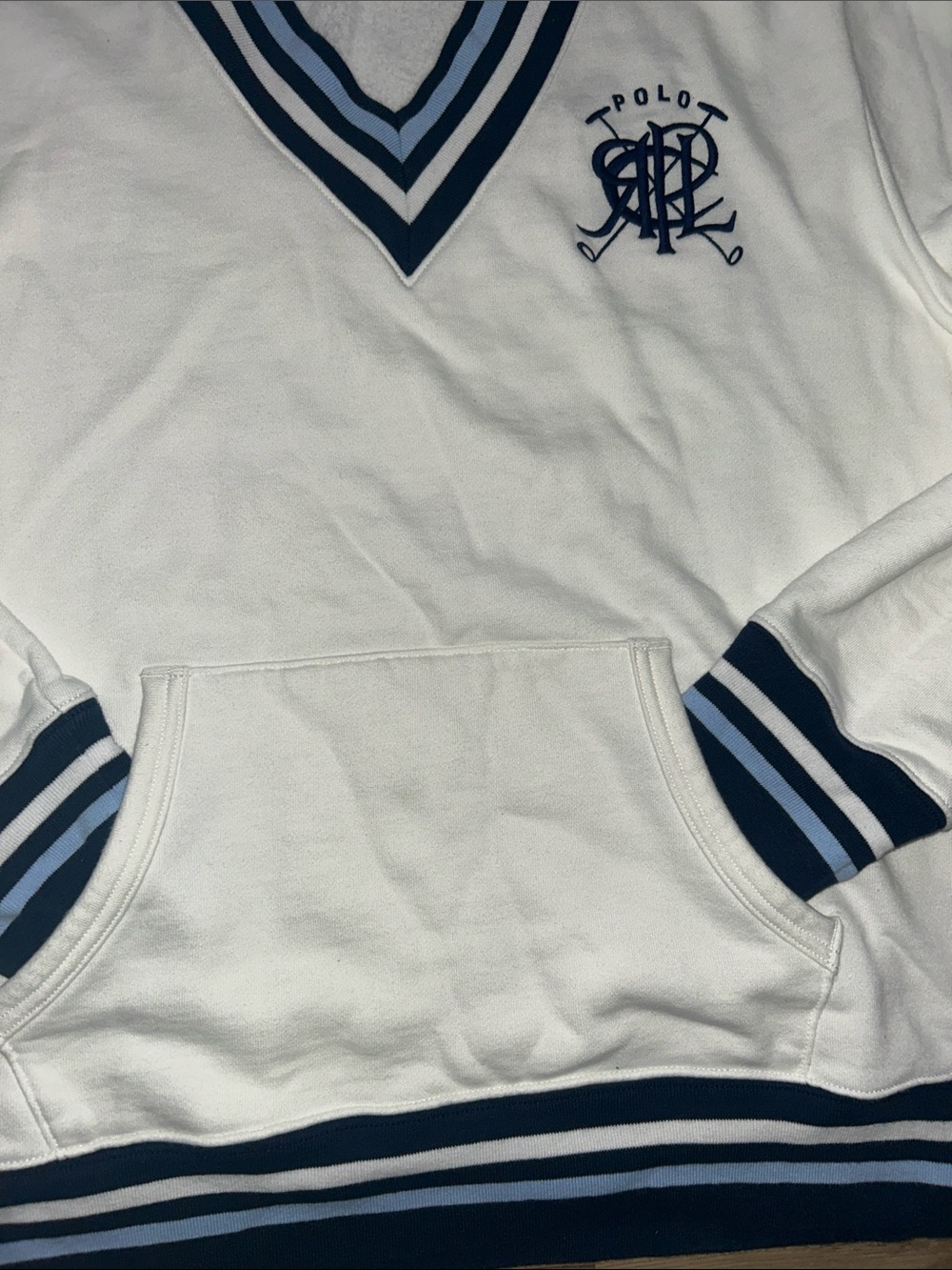 Polo by Ralph Lauren White V-Neck Pullover with Navy & Light Blue Trim - Picture 7 of 11